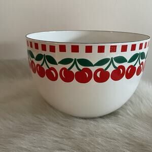 Vintage Enamelware Bowl Arabia Finland Kaj Frank White Red Cherry Design MCM